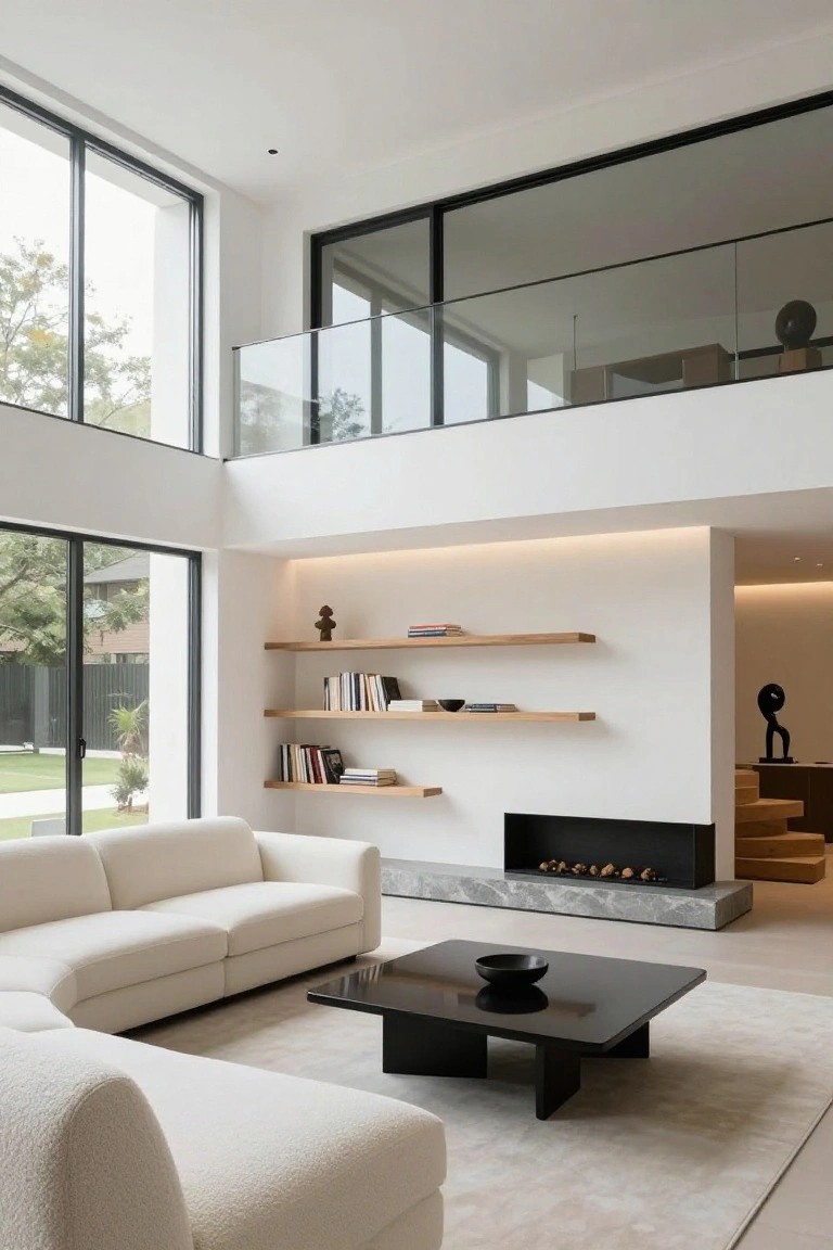 Double-height living room featuring white curved sofa, black rectangular coffee table with bowl, floating wooden shelves on white wall with books and sculptures, linear fireplace with pebbles on marble hearth, glass-railed mezzanine balcony above, and large windows to garden.