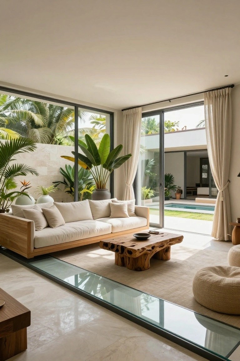 Modern living room interior with light wooden sofa and coffee table, large potted tropical plants, beige poufs, marble floor with black-framed glass strip inset, and tall sliding glass doors open to a pool courtyard with palms and greenery.