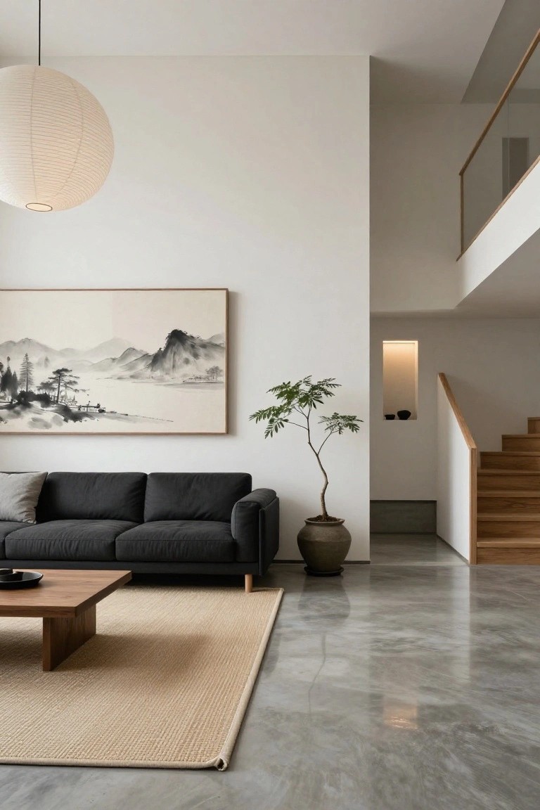Double-height modern living room with white walls, large framed ink landscape painting of mountains, dark gray sofa, potted tree, wood coffee table, seagrass rug on polished concrete floor, and wooden staircase with glass railing.
