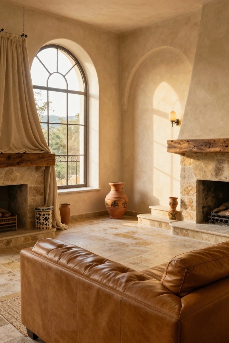 Beige living room with plaster walls, two stone fireplaces topped by wooden beams, large arched window draped in beige curtains overlooking green hills, terracotta and patterned pots on floor, and tan leather L-shaped sofa on terracotta tiles.