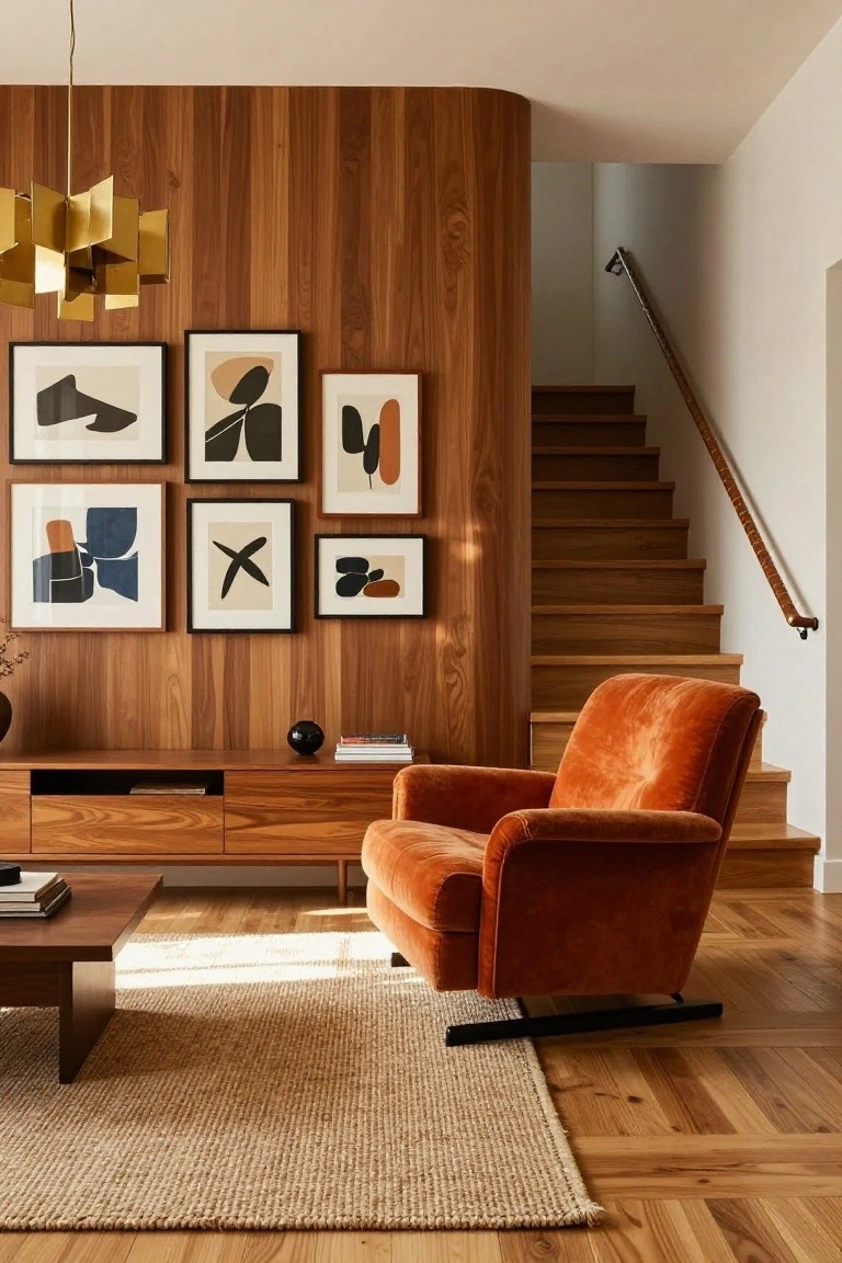 Double-height living room featuring curved warm wood paneling on walls flowing into a wooden staircase, abstract black and white framed artworks, orange velvet armchair, wooden media console and coffee table, gold geometric chandelier, and beige rug on parquet flooring.