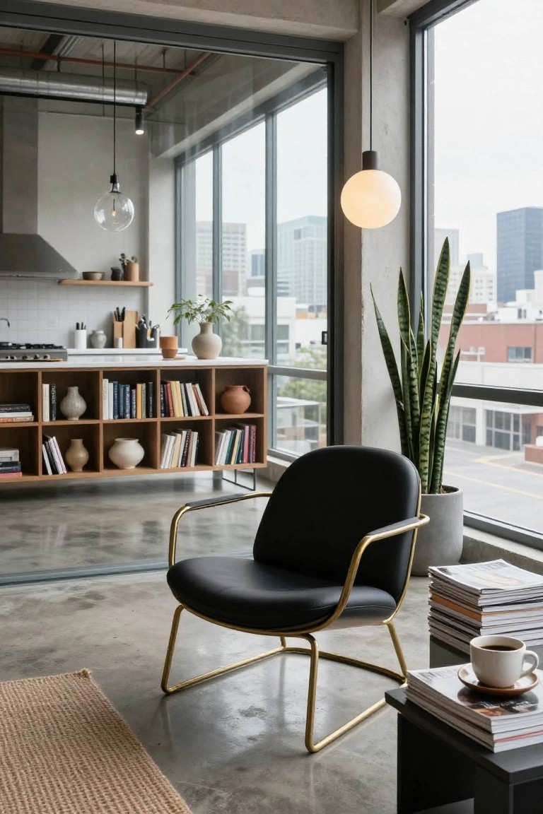 Open-plan kitchen with white cabinetry, wood shelving holding ceramics and books, large windows showing city skyline, tall snake plant, black leather accent chair with gold frame legs beside low table with stacked magazines and coffee cup on polished concrete floor.