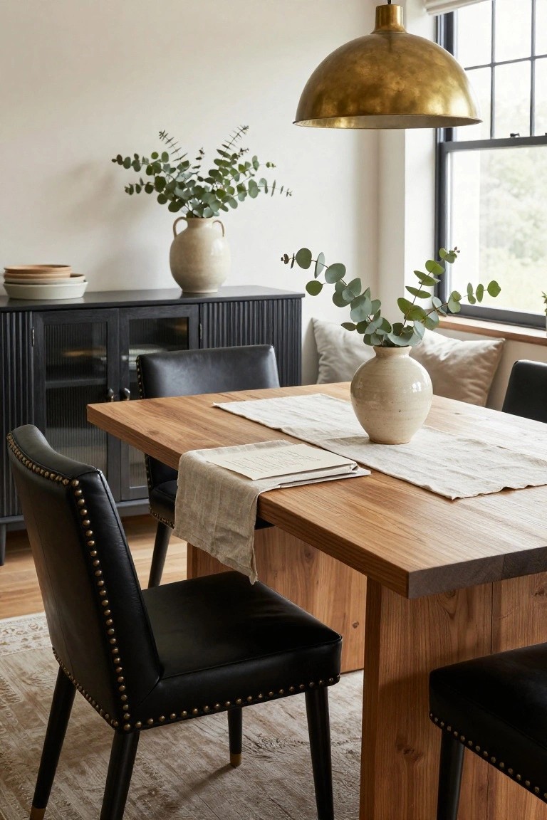 Dining room with rectangular wood table covered in a linen runner and beige vase of eucalyptus, surrounded by black leather chairs with brass studs, black credenza holding ceramics and eucalyptus, gold pendant light, and window with pillows.