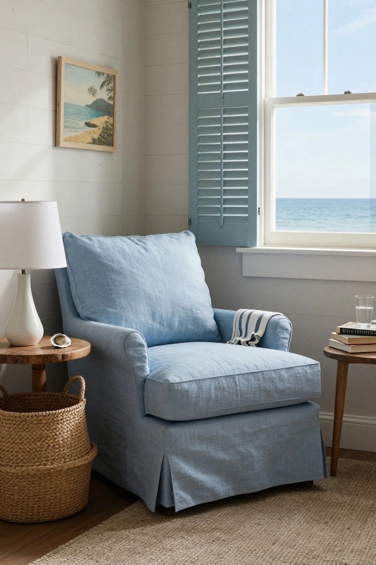 Light blue linen slipcovered armchair with skirt in a white corner room, beside round wooden side table with white lamp, books, glass of water, and shell, seagrass basket on floor, blue shutters on window overlooking ocean, painting of beach scene on wall.