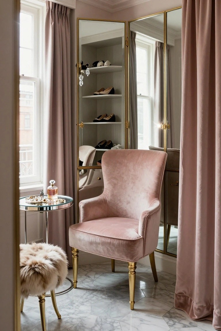 Blush pink velvet wingback armchair with gold legs and matching pouf in a dressing room featuring gold-framed tri-fold mirrors, shoe shelves, and a side table with perfume bottle.