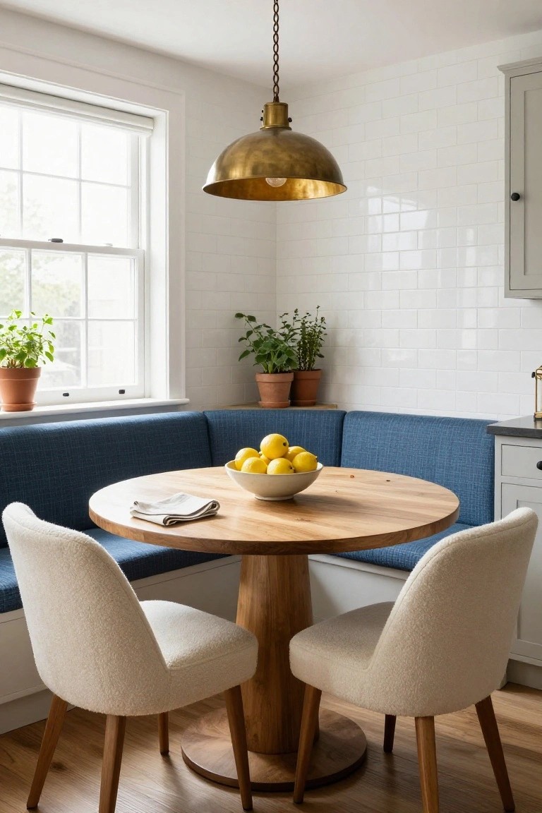 Corner kitchen banquette in blue upholstery with round wooden pedestal table holding a white bowl of lemons and linen napkin, two cream boucle upholstered chairs with wooden legs, brass pendant light, potted herbs on windowsill, white subway tile walls, and wooden flooring.