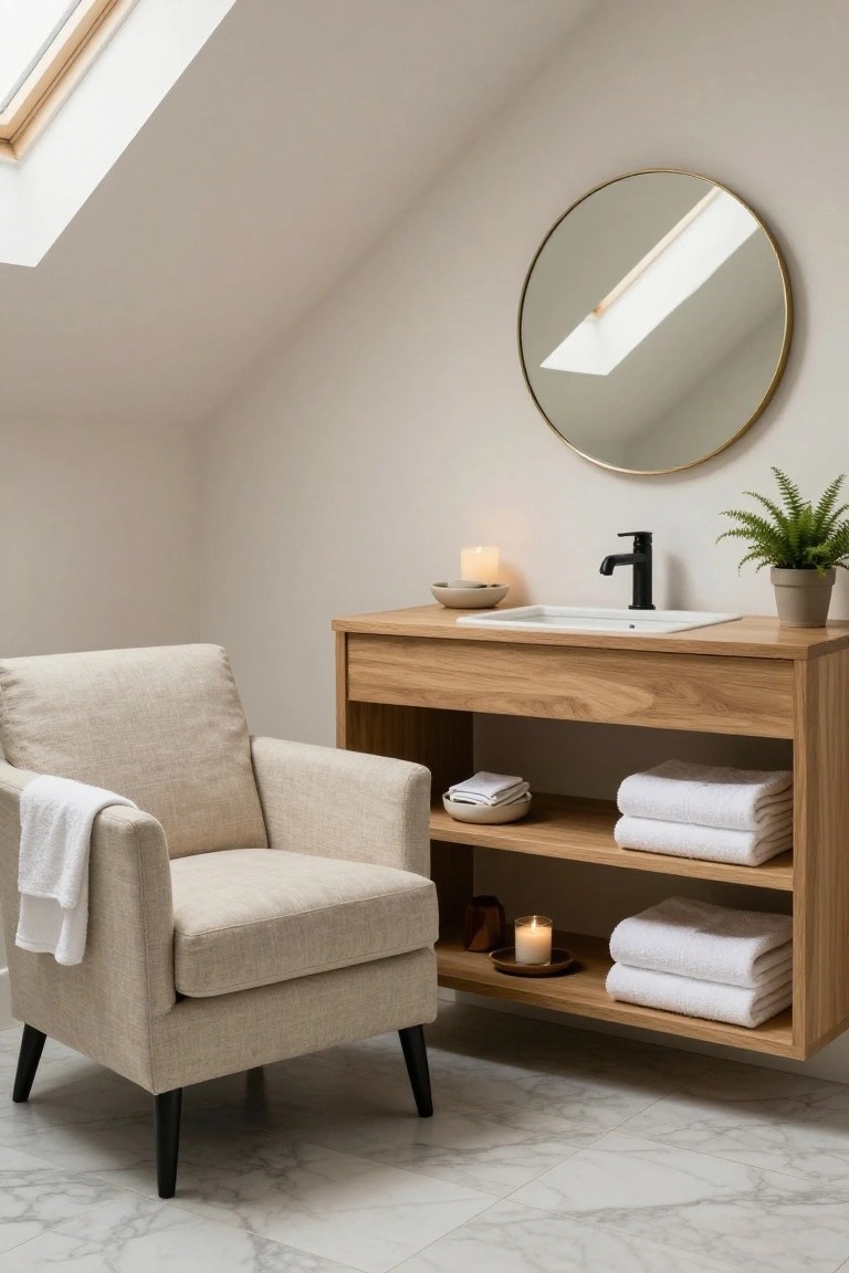 Cream upholstered accent chair with black tapered legs next to oak bathroom vanity holding white sink, black faucet, round gold mirror, towels, plants, and candles on marble tile floor.