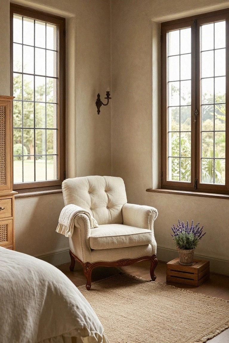 Cream tufted armchair with throw blanket in a beige bedroom corner next to tall gridded windows overlooking trees and garden, with wooden wardrobe, potted lavender on crate, and seagrass rug.