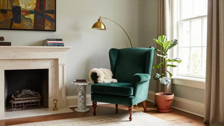 Green velvet wingback chair with green pillow and white throw in a living room corner by a fireplace, with fiddle leaf fig plant near window, brass arc lamp, and stack of books on marble coffee table.
