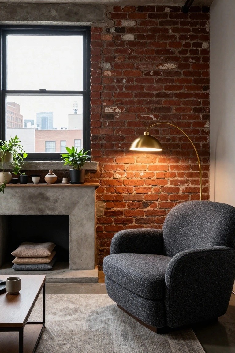 Gray curved upholstered armchair in a room with exposed brick walls, concrete fireplace mantel holding plants and ceramics, gold arc floor lamp, and wooden coffee table on a light gray rug.