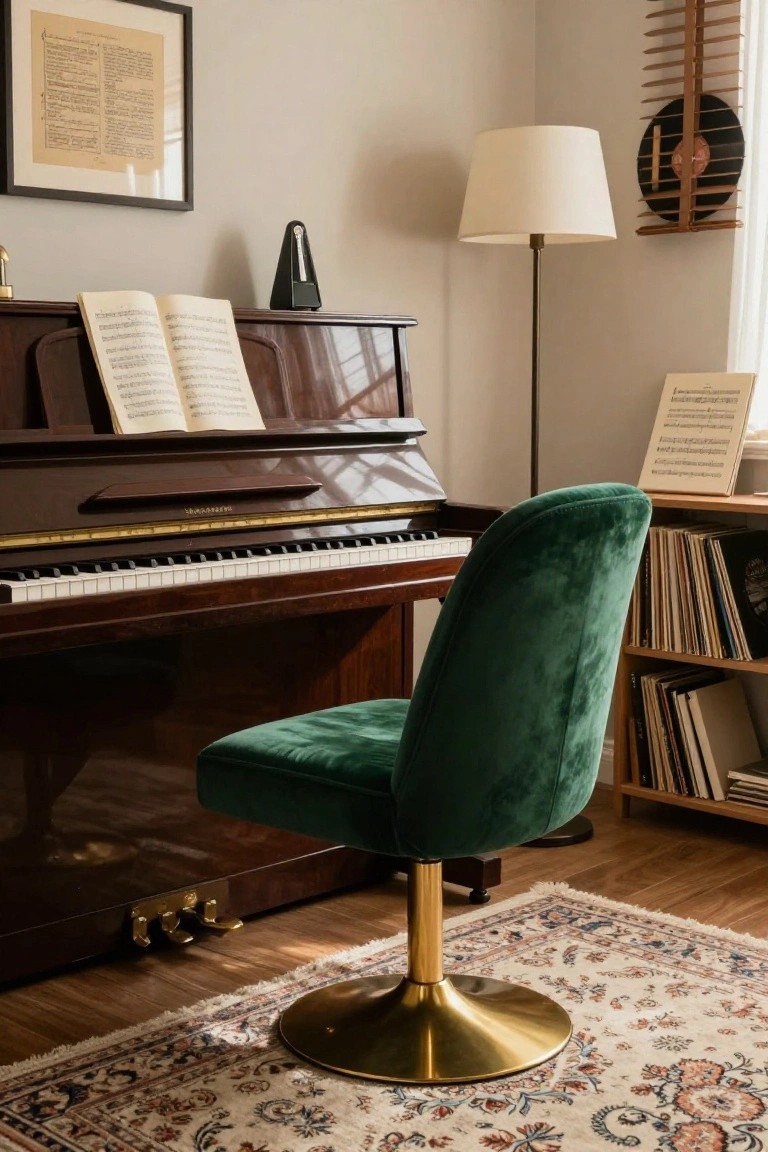 Green velvet swivel chair with gold base in front of a wooden upright piano, next to open sheet music, a metronome, lamp, and bookshelves in a light beige room with a patterned rug.