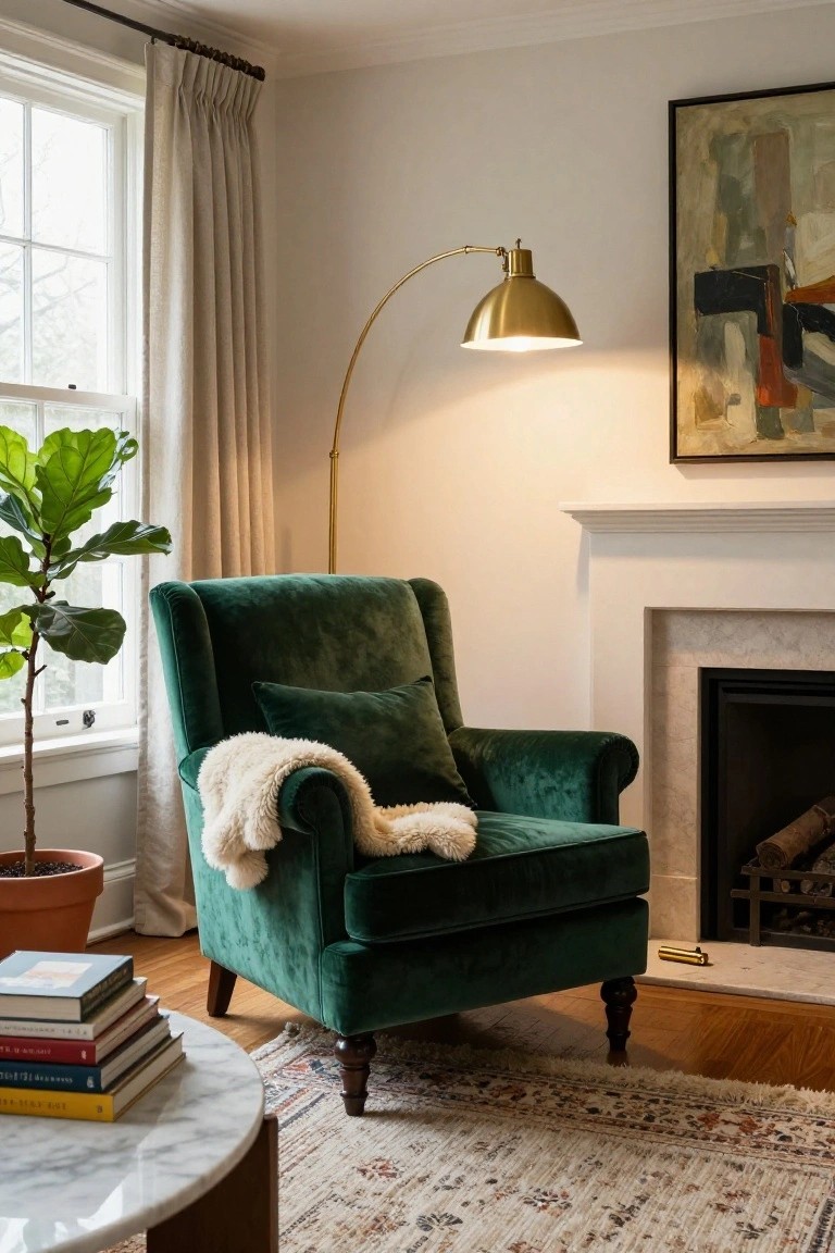 Green velvet wingback chair with green pillow and white throw in a living room corner by a fireplace, with fiddle leaf fig plant near window, brass arc lamp, and stack of books on marble coffee table.