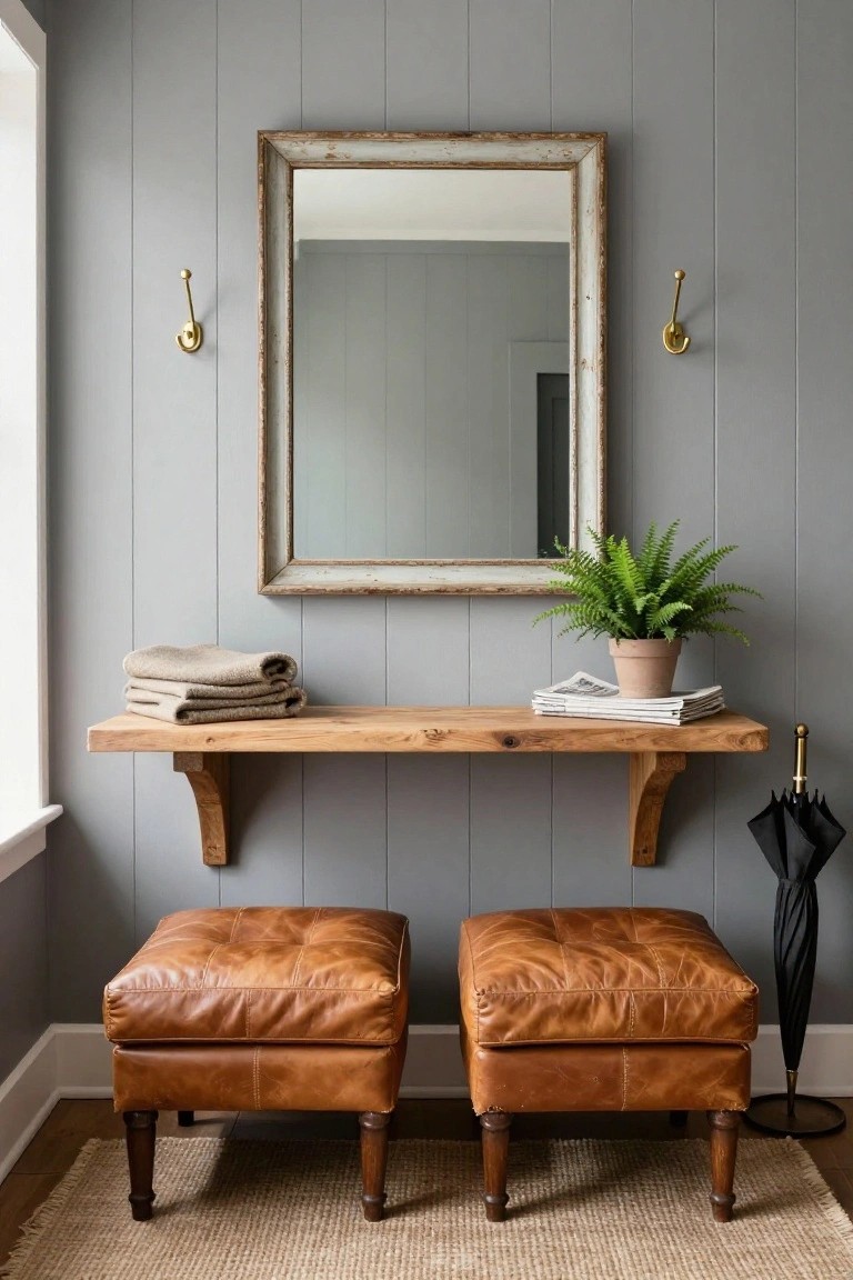 Gray shiplap wall in an entryway with a rustic wooden floating shelf holding folded beige towels, stacked magazines, and a potted fern plant, antique whitewashed mirror above flanked by brass wall hooks, two tufted brown leather ottomans on a seagrass rug below, black umbrella stand to the side, and white trim baseboard.