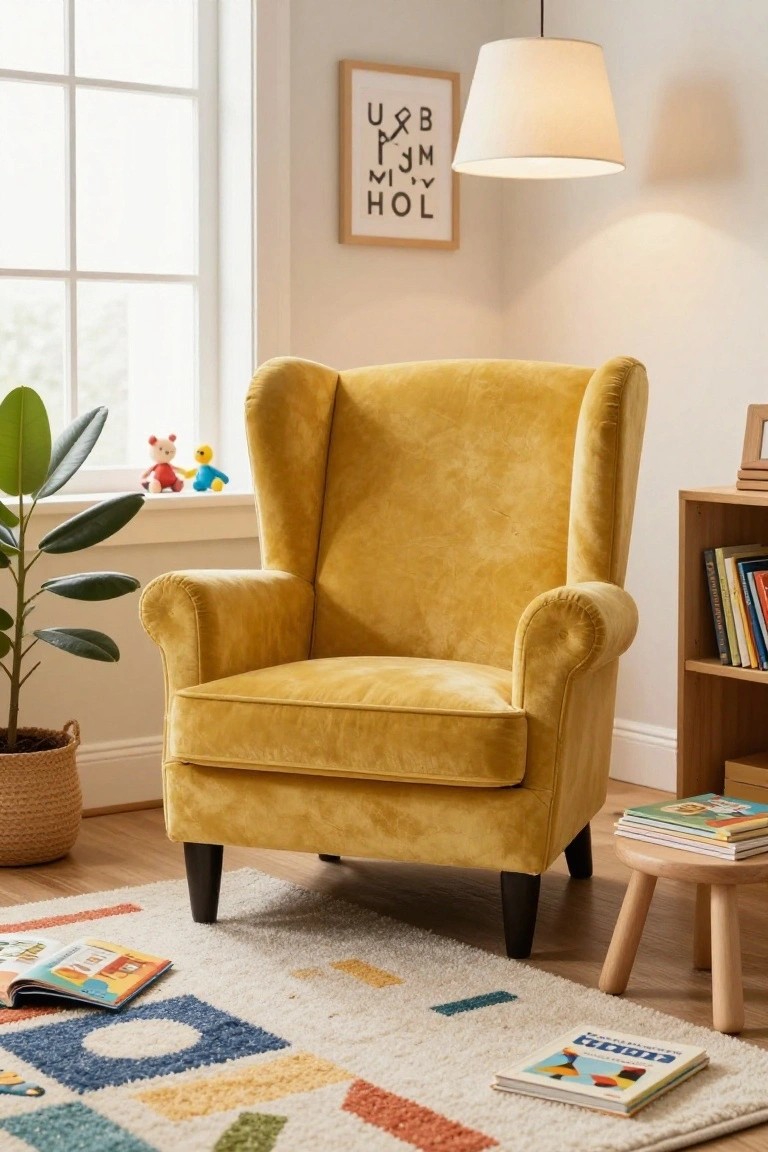 Mustard yellow velvet wingback armchair in a bright room with window, potted plant on sill, stuffed toys, wooden bookshelves with children's books, small stool, and colorful rug on wood floor.