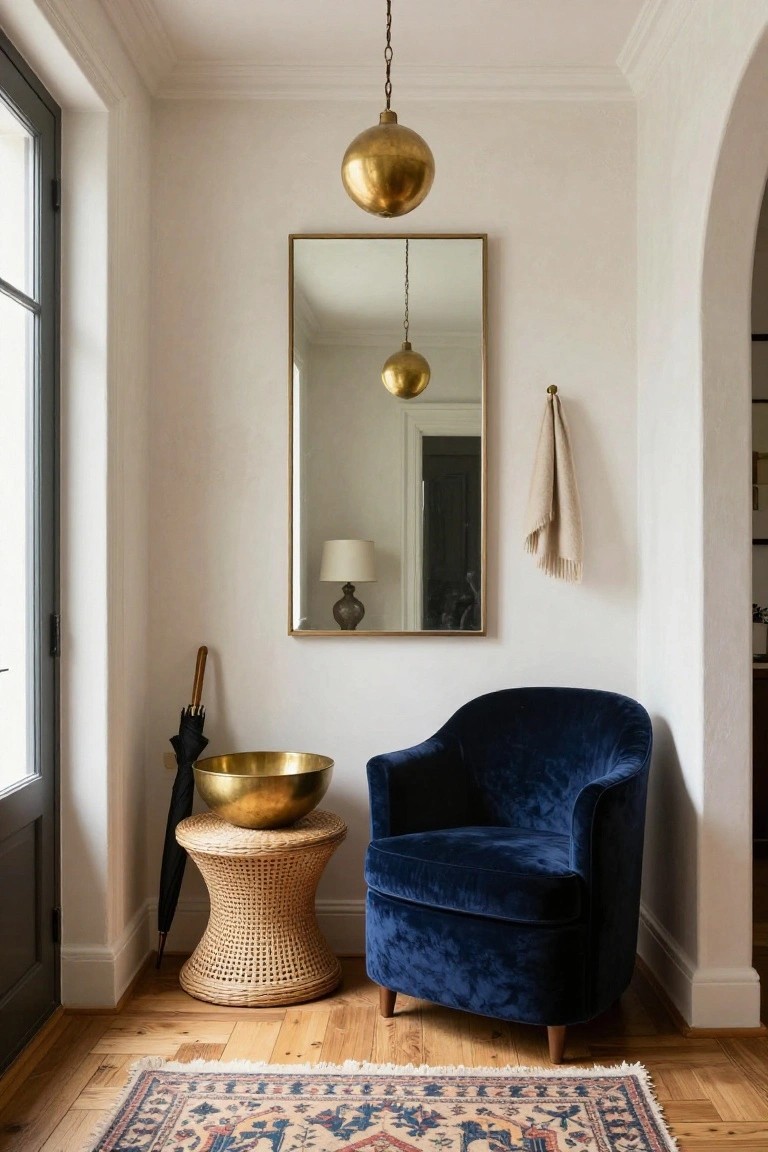Navy Velvet Chair in a Small Nook
