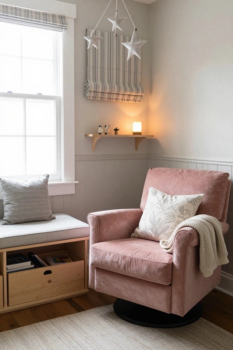 Corner of a light gray nursery with a pink velvet swivel armchair holding patterned pillows and a white knit throw, next to a built-in wooden bench with books, under a window with striped roman shade and star garland.