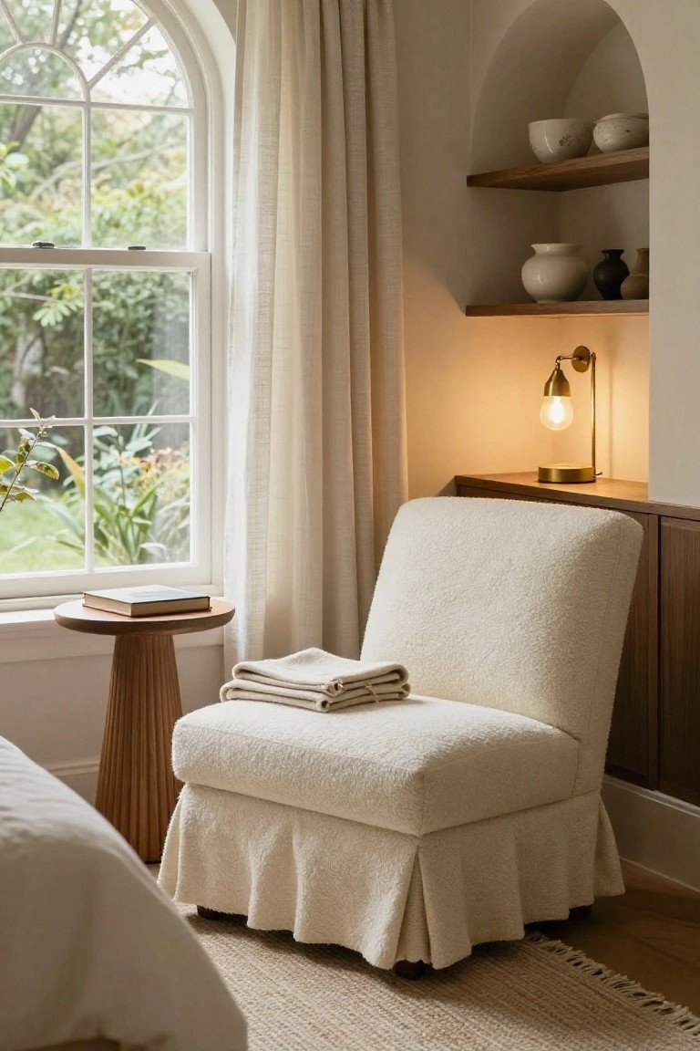 Cream bouclé fabric accent chair with ruffled skirt in a bedroom corner, beside round wooden pedestal table with book and folded throws, arched window with sheer curtains overlooking greenery, wall niche shelves with ceramics, brass wall lamp lit.