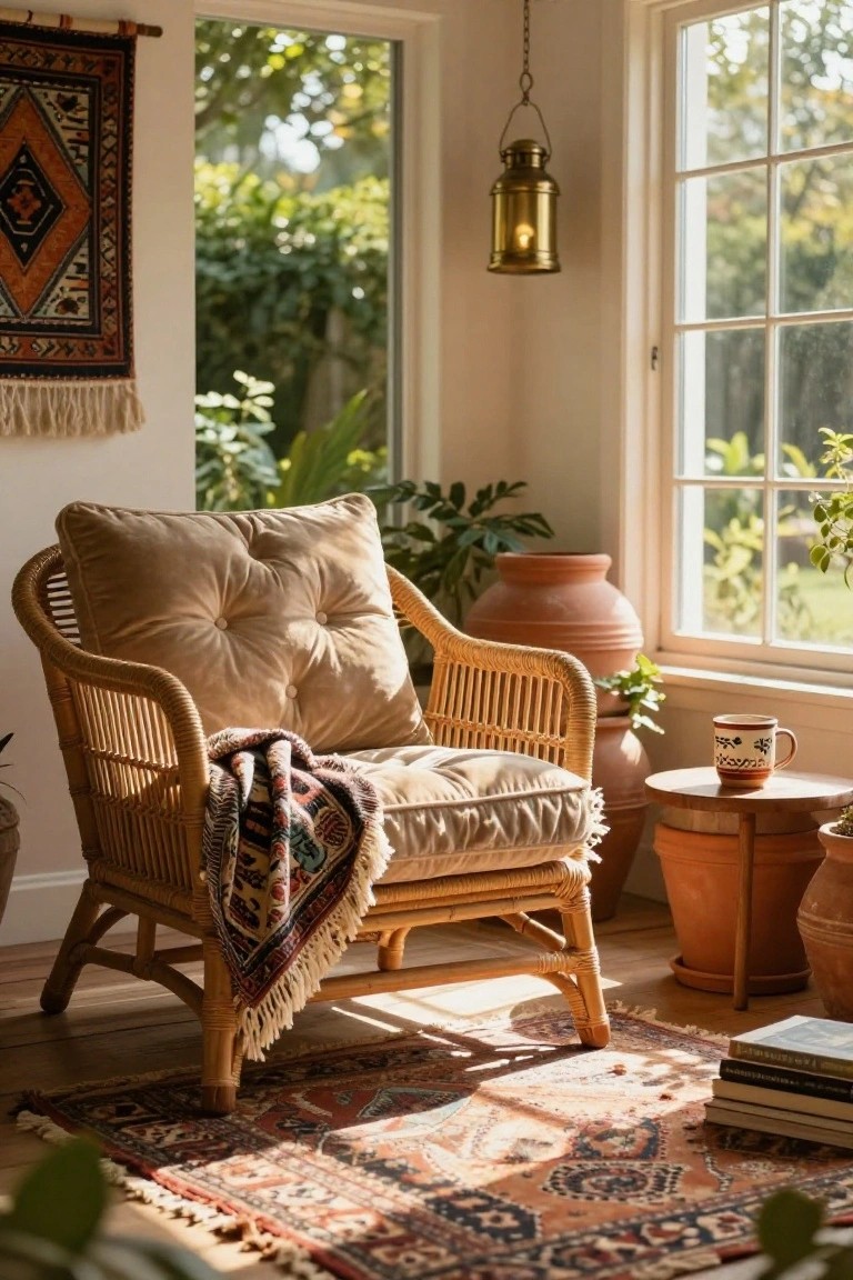 Rattan Armchair with Tufted Cushions