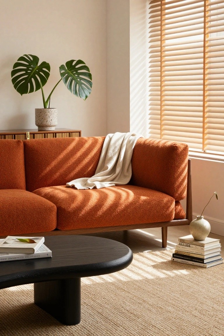 Living room corner featuring a burnt orange textured sofa with a white throw draped over it, a black curved coffee table holding books, two potted monstera plants on a wooden sideboard, a white vase, and wooden blinds letting in sunlight over beige carpet.