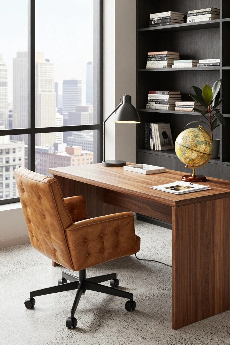 Modern home office interior featuring a tan tufted leather desk chair at a walnut wood desk, black bookshelves with books and a globe, task lamp, and large window with city skyline view.