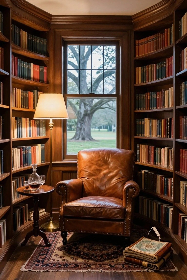 Curved wooden library room with floor-to-ceiling bookshelves, a tufted brown leather armchair, side table with crystal decanter and glasses, brass lamp, and window view of large tree and lawn.