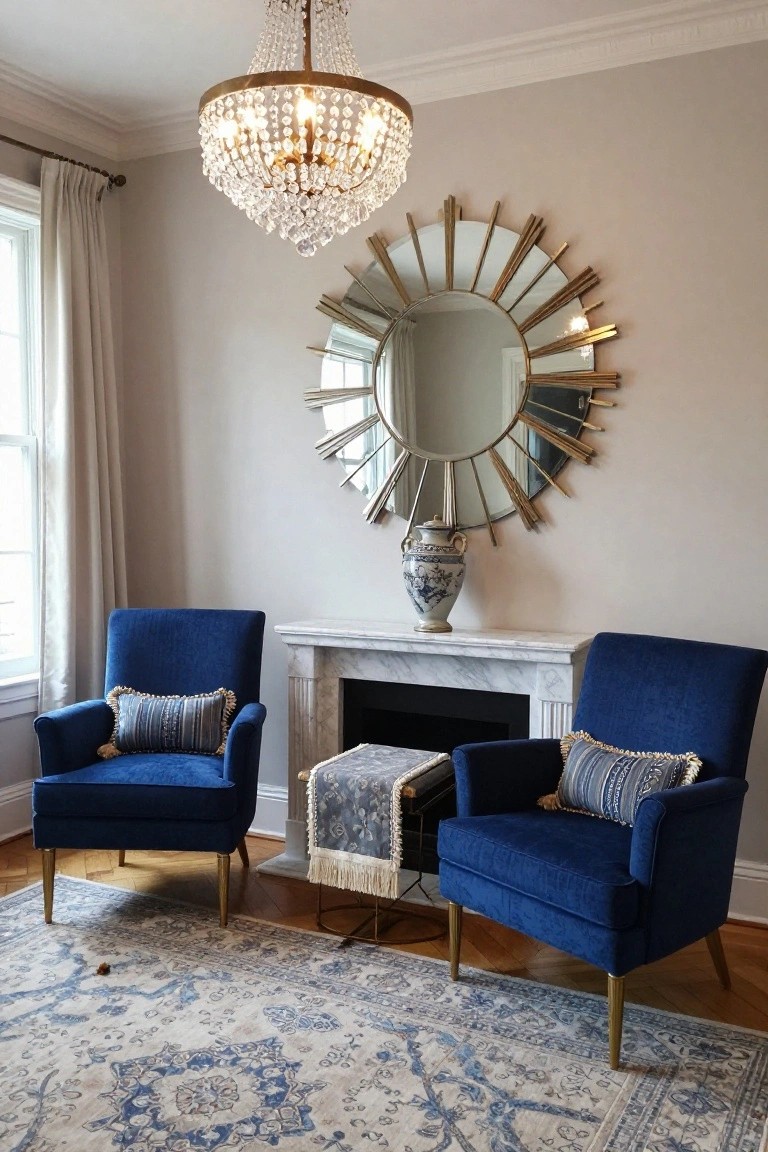 Pair of blue velvet upholstered armchairs with patterned pillows flanking a marble fireplace on a wood floor, with a blue and white rug, blue and white vase on mantel, large sunburst mirror, chandelier, and window with drapes in a light gray room.
