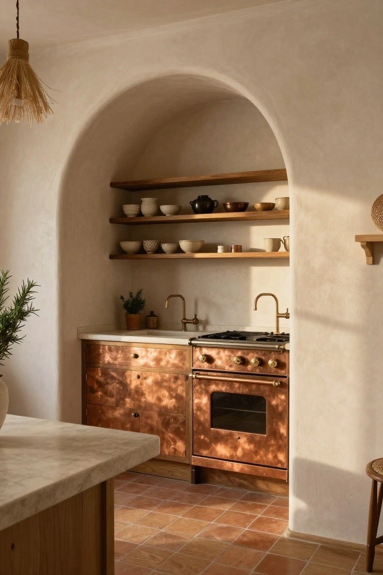 Kitchen with arched plaster recess containing wooden open shelves displaying white bowls, a teapot, and ceramics, adjacent to copper cabinets, a range cooker, white countertop sink, potted plants, and terracotta tile floor.