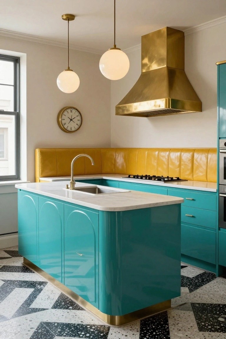 Curved turquoise kitchen island with white marble countertop and gold legs in a compact kitchen with yellow leather backsplash, brass range hood, and black-and-white terrazzo floor.