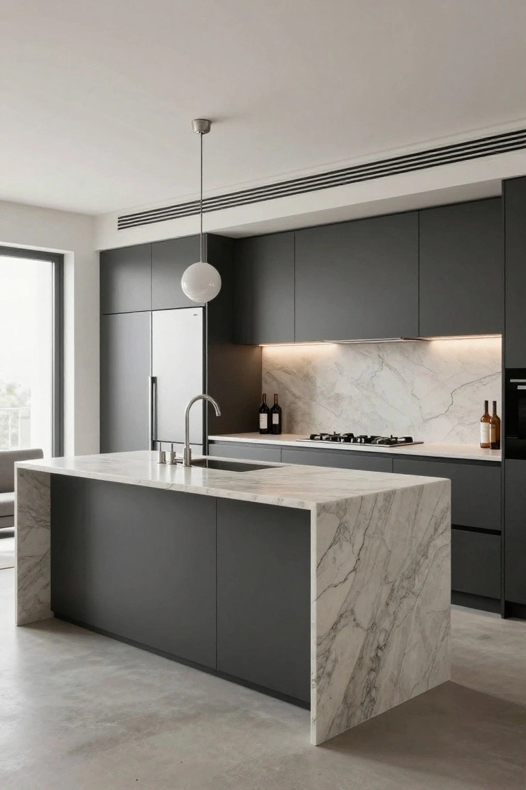 Modern kitchen interior with dark gray matte cabinets, white veined marble countertops and backsplash, central island, integrated sink, gas cooktop, and large window.