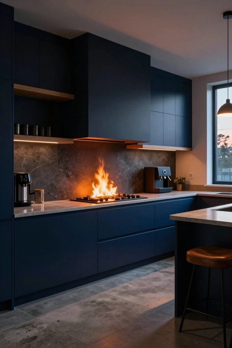 Modern kitchen interior with matte navy blue cabinets, white marble countertops, gray marble backsplash, lit gas cooktop with orange flames, coffee maker, and black bar stool at the island.