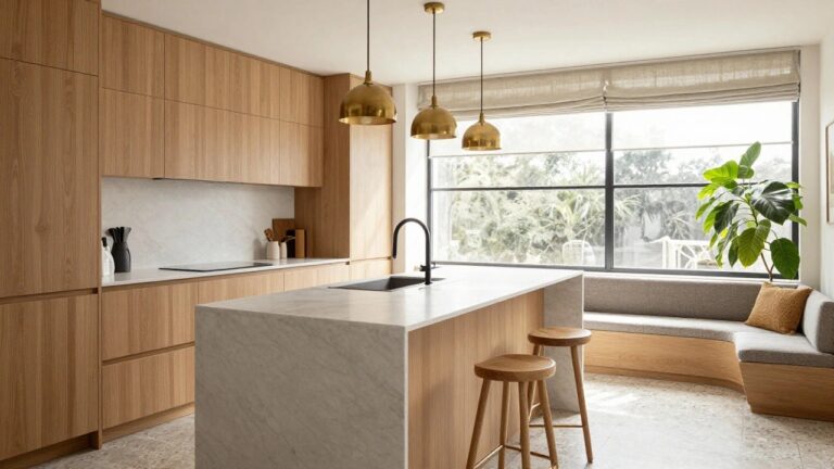 Modern apartment kitchen with light oak cabinets, white marble waterfall island and counters, integrated black dishwasher, gold pendant lights, large potted fern on island, black faucet, and tall window with beige roman shade.