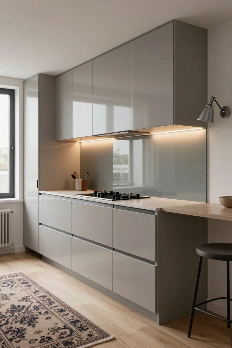 Modern apartment kitchen with tall glossy gray upper and lower cabinets, gas cooktop on light wood countertop extending to a breakfast bar with black metal stool, under-cabinet LED lighting, and a nearby window and radiator.