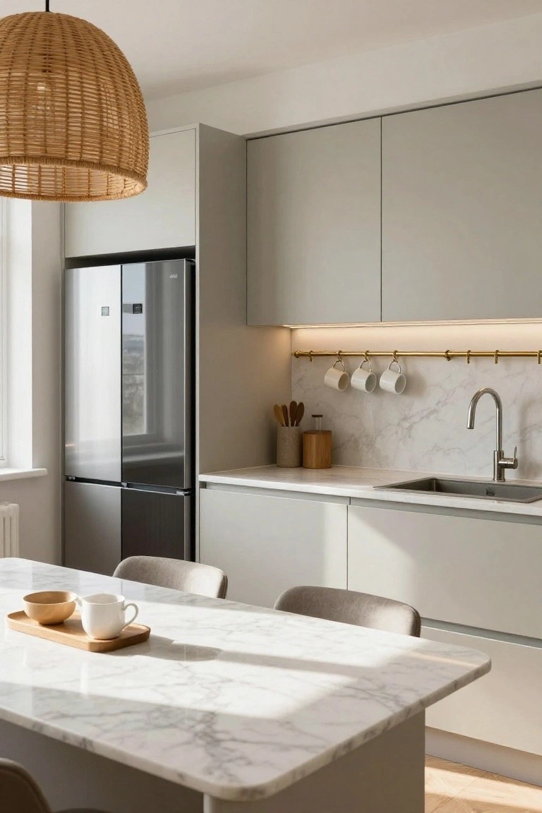 Modern apartment kitchen with light gray handleless cabinets, white marble waterfall-edge island and counters, stainless steel French door fridge, brass hanging rail with white mugs above sink, rattan pendant light, and two gray upholstered stools.