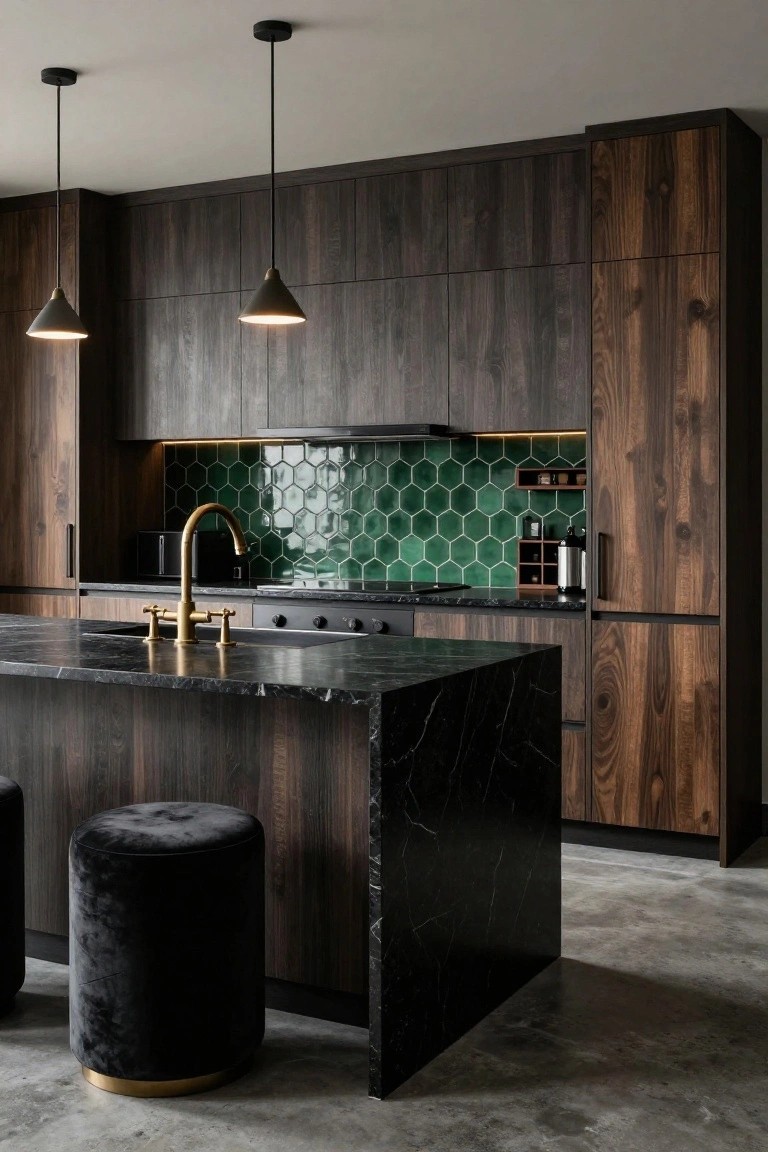 Modern kitchen with dark wood cabinets, green tile backsplash, and marble island.