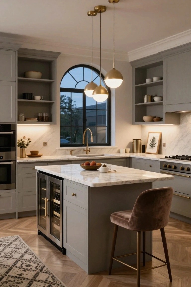 A compact kitchen with light gray shaker-style cabinets, open shelving, white marble island topped with fruit bowl, built-in wine cooler, gold pendant lights, brass faucet, and arched black-framed window overlooking greenery.