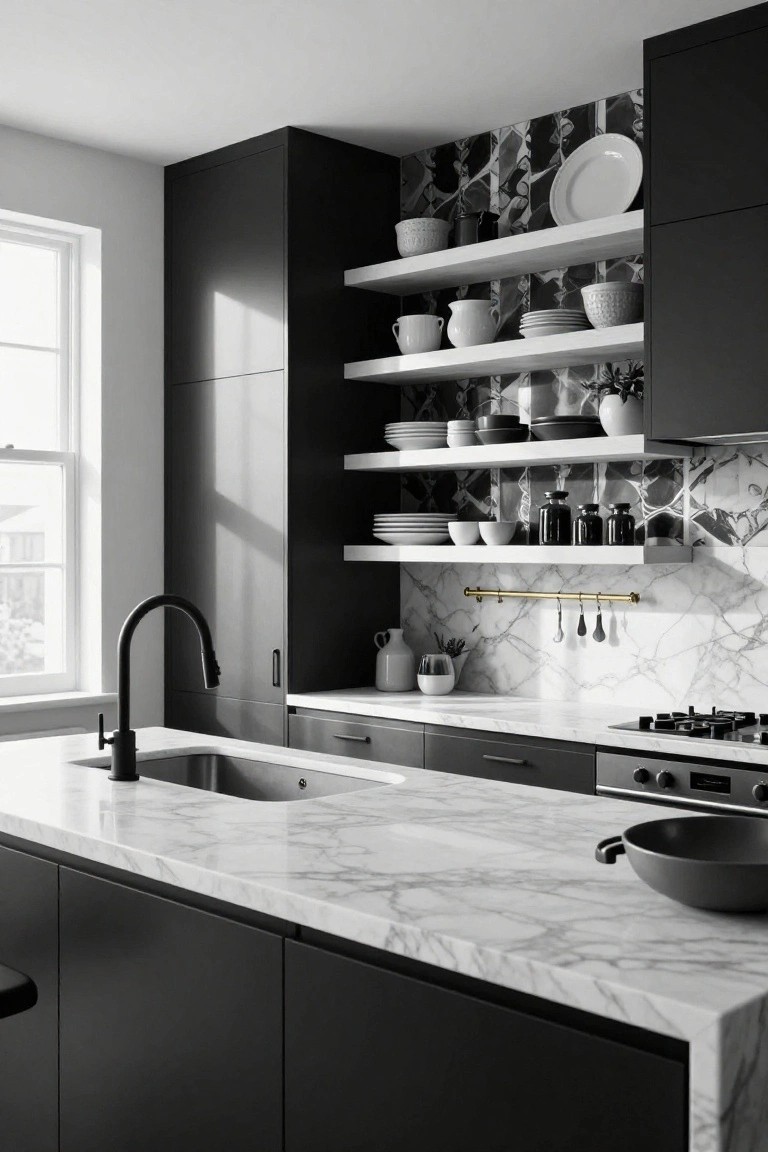 Modern kitchen with black lower cabinets, white marble island countertop and backsplash, matte black faucet in the sink, open white wooden shelves displaying white ceramics and jars, and a patterned black-and-white tile backsplash next to a window.