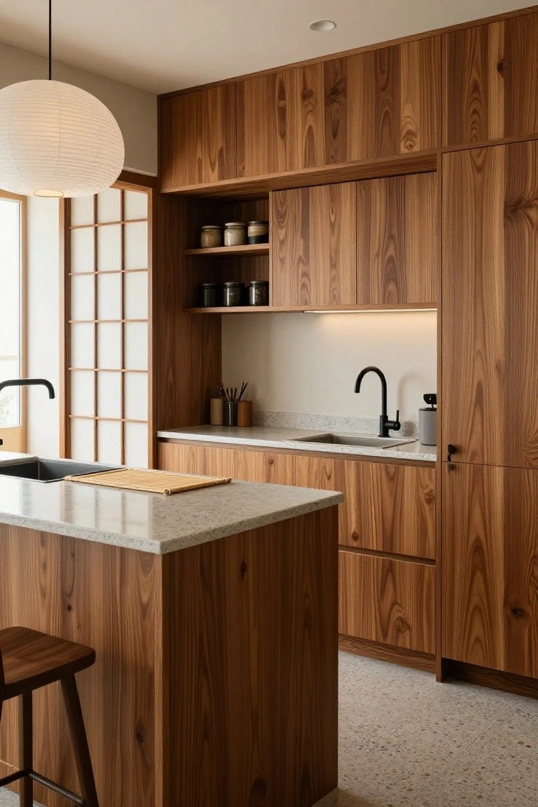 Modern apartment kitchen with extensive floor-to-ceiling warm wood cabinetry, white quartz countertops and island, black gooseneck faucet, open shelves with jars, shoji screen door, and wooden stool.