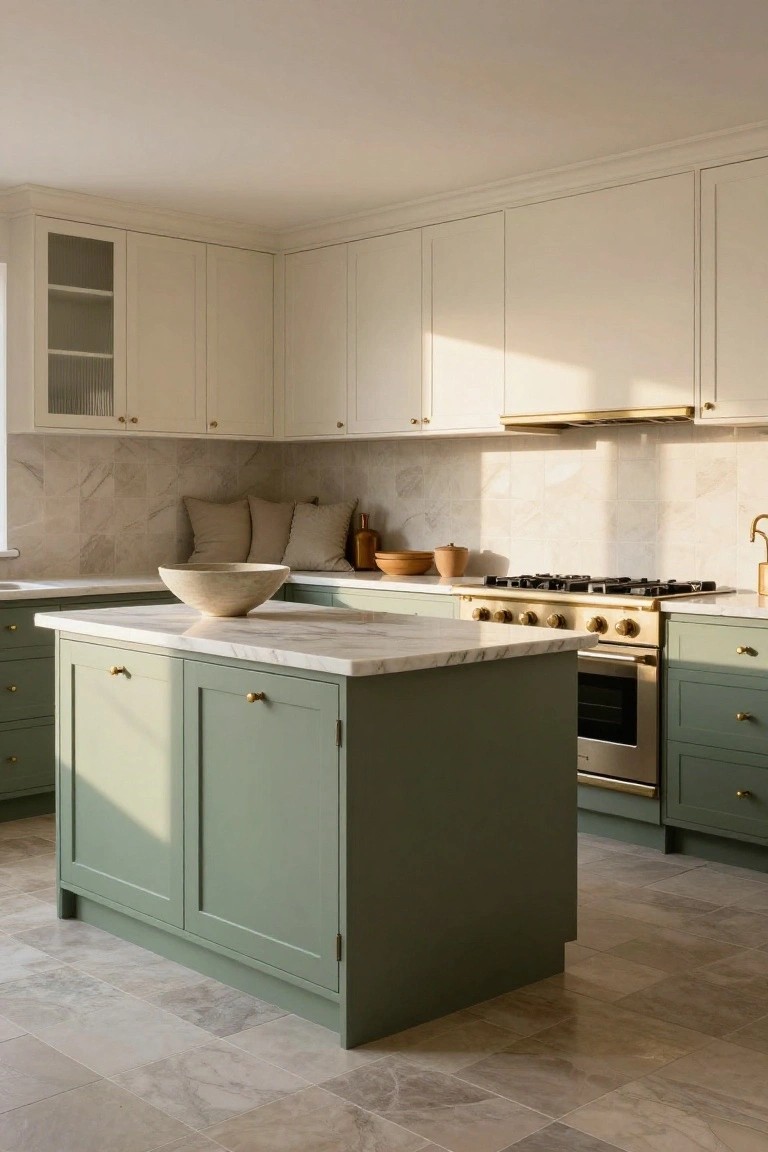Kitchen interior featuring white upper cabinets with glass doors, sage green lower cabinets and central island with marble countertop, gold-handled gas range, and travertine tile floor and backsplash.