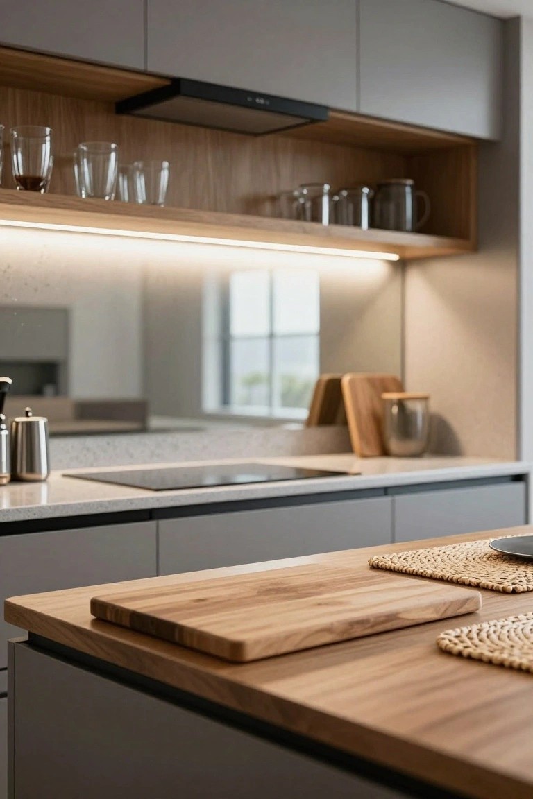 Modern apartment kitchen with gray cabinets, light oak countertop holding a wooden cutting board, induction cooktop, and open wooden shelving above a mirrored backsplash.