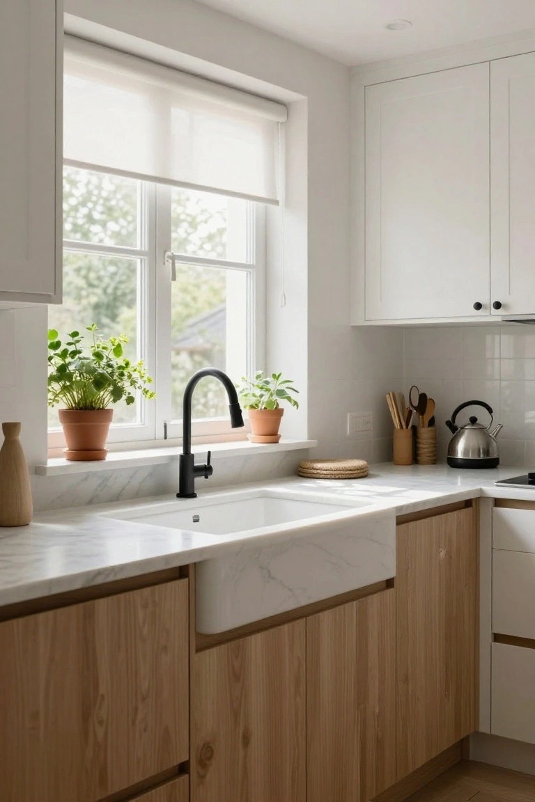 Modern kitchen with white marble counters, black faucet, and wooden cabinets.