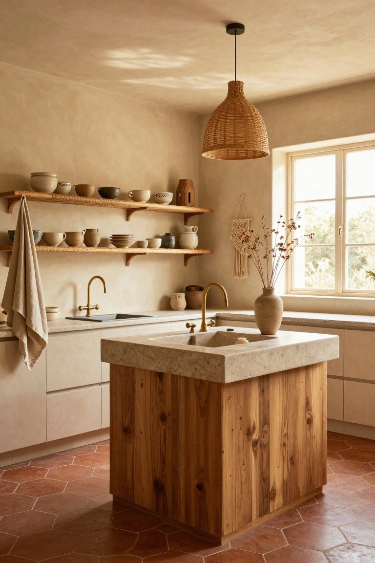 Kitchen interior with central wooden island topped by light stone countertop, open rattan-trimmed shelves holding pottery, beige plaster walls, brass faucet at sink, rattan pendant light, and hexagonal terracotta floor tiles.