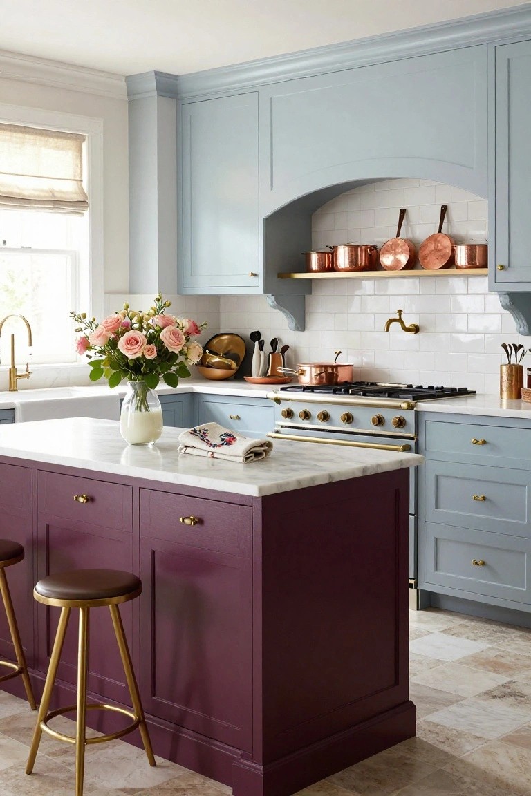 Kitchen with light blue cabinets, deep purple island with white marble countertop and brass barstools, blue range cooker, copper pots on shelves, and white subway tile backsplash.