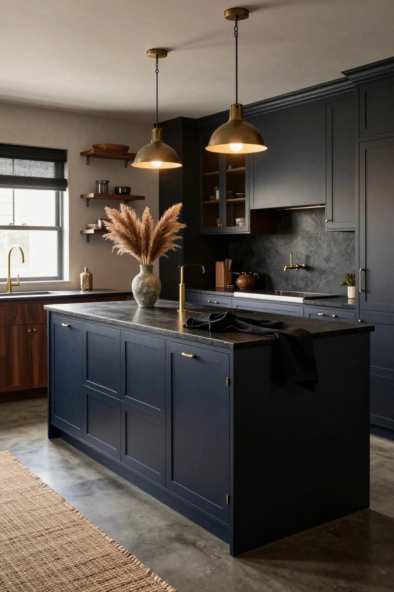 A kitchen with navy blue cabinets, black soapstone countertops, brass pendant lights, a large potted pampas grass on the island, and a matte black backsplash.