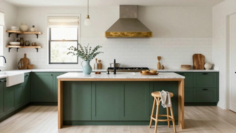 Kitchen interior with forest green shaker-style cabinets, white subway tile backsplash, white marble countertops, farmhouse sink, brass range hood, and wood accents on open shelves.