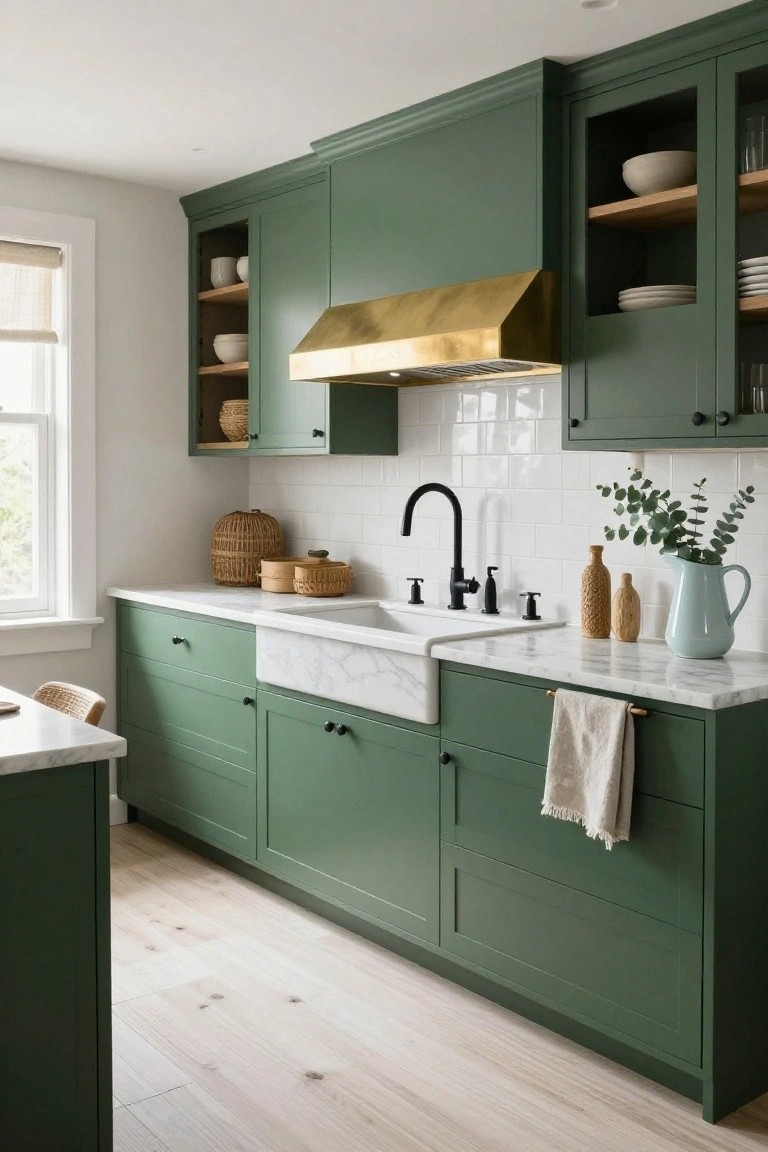 Kitchen interior with forest green shaker-style cabinets, white subway tile backsplash, white marble countertops, farmhouse sink, brass range hood, and wood accents on open shelves.