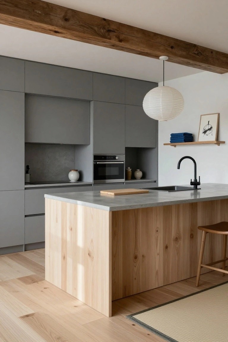 Modern kitchen with matte gray flat-panel cabinets, light wood island countertop and base, wooden bar stool, black faucet over sink, paper lantern pendant light, and wooden ceiling beams.