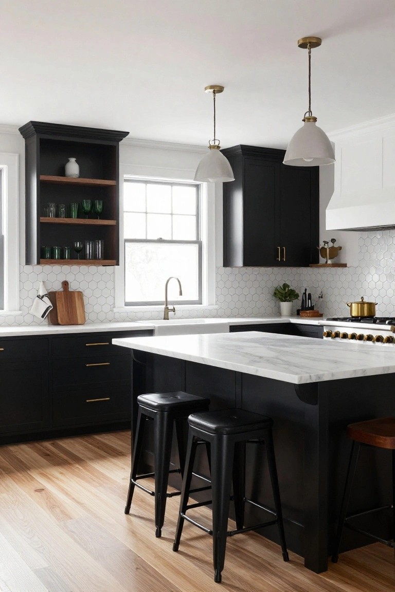 Kitchen interior with matte black cabinets, white marble island countertop, hexagonal white tile backsplash, brass pendant lights, black stools, and hardwood floors.