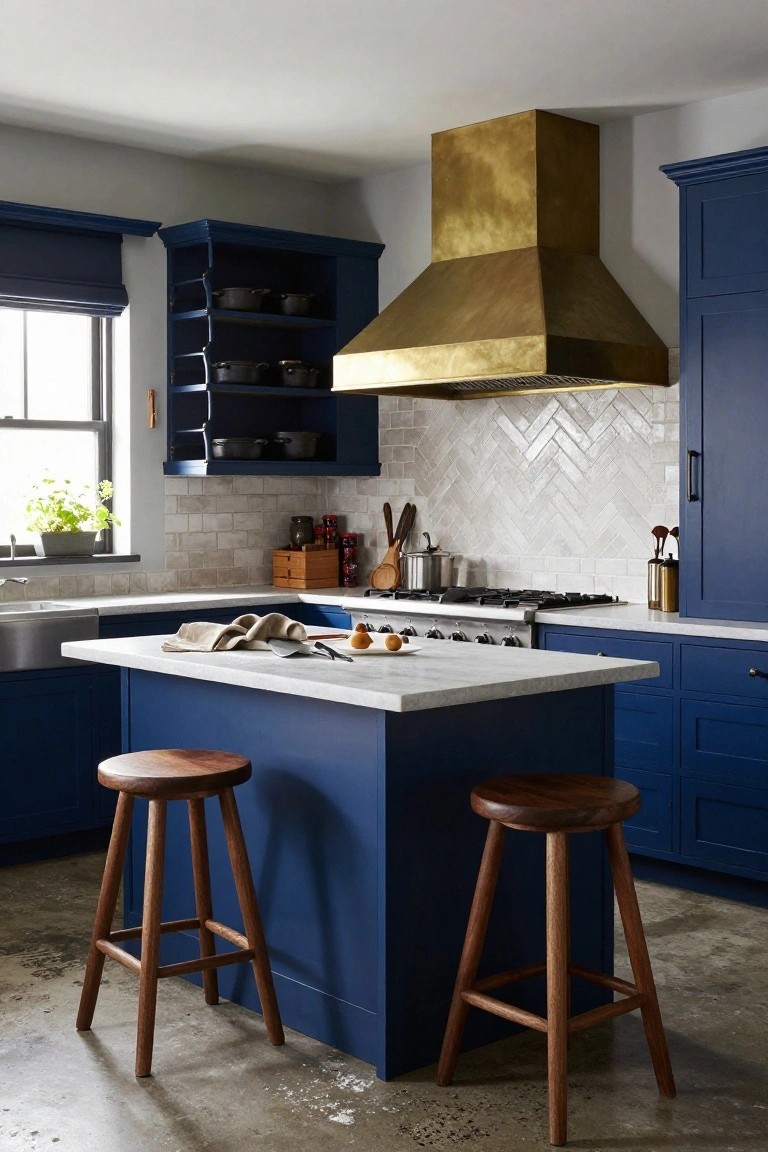 Kitchen interior with navy blue cabinets, gold range hood over a gas range, white subway tile backsplash, white marble island topped with cutting board and fruit, two wood stools, stainless steel sink, and concrete floor.