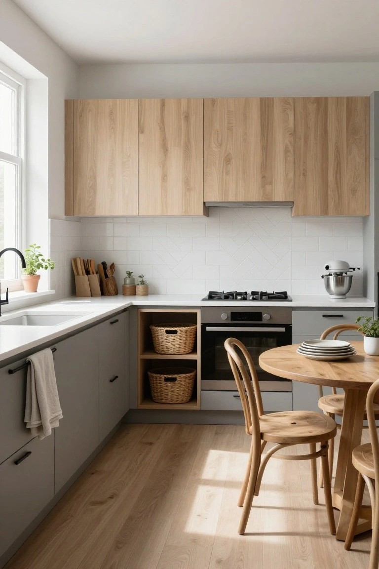 Modern kitchen with light oak upper cabinets, matte gray lower cabinets, white countertops and herringbone tile backsplash, stainless steel appliances, and a round wooden dining table with four bentwood chairs on light oak flooring.