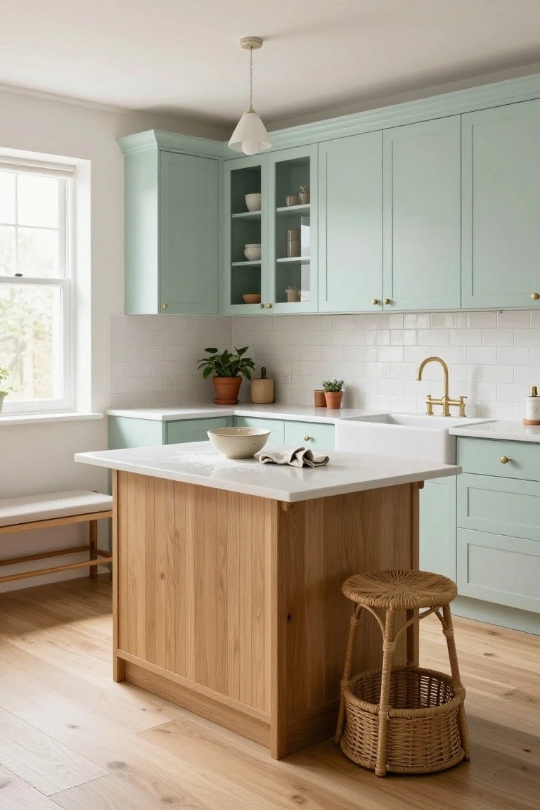 Kitchen interior with pale green cabinets, white subway tile backsplash, wooden center island with bench seating and rattan stools, brass faucet over farmhouse sink, and potted plants on counters.